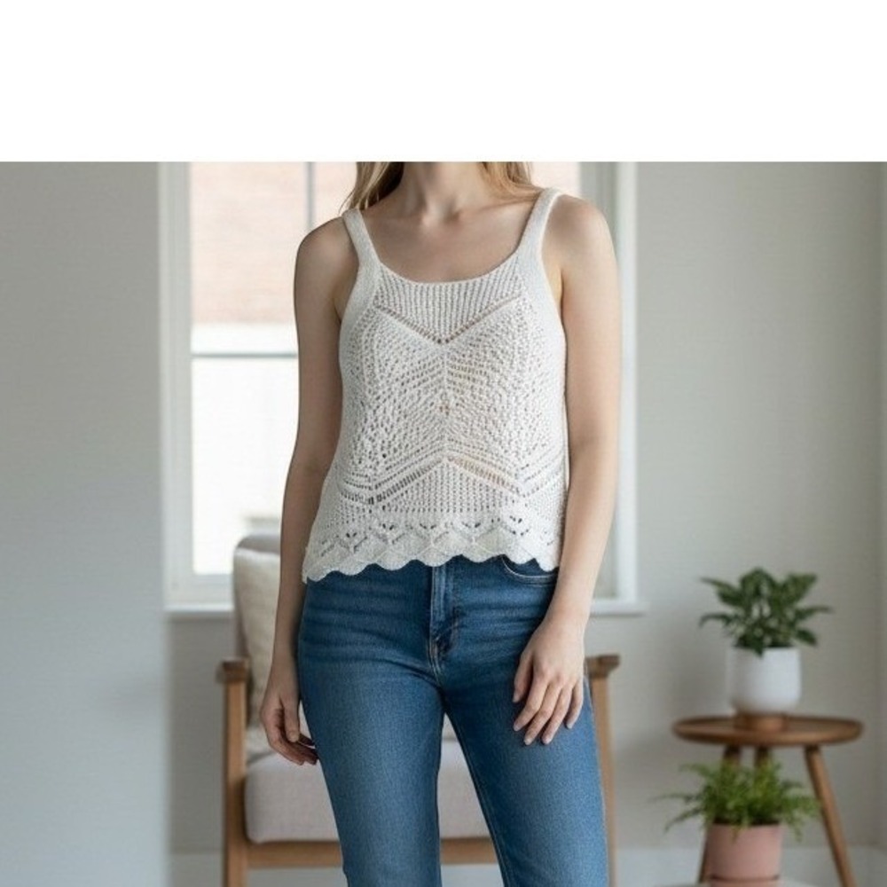 Almost Famous Crochet Tank Top Womens Sz M White Cottage Fisherman Boho Coastal
